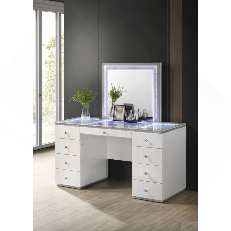 Contemporary Style 1Pc Vanity Tempered Glass Top Ball Bearing Glides High Gloss Finish Stainless Steel Beveled Mirror White Finish Bedroom Furniture
