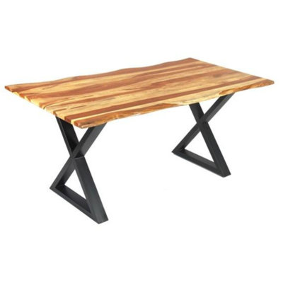 67" Live Edge Dining Table Solid Sheesham Wood with Black X Base in Natural Sheesham