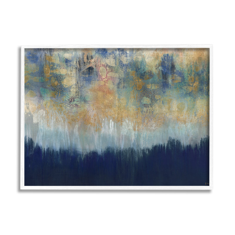 «Abstract Gold Blue», reproduction d'art, H 24 po x l 30 po x P 1,5 po, Giclée encadrée blanc bord de mer
