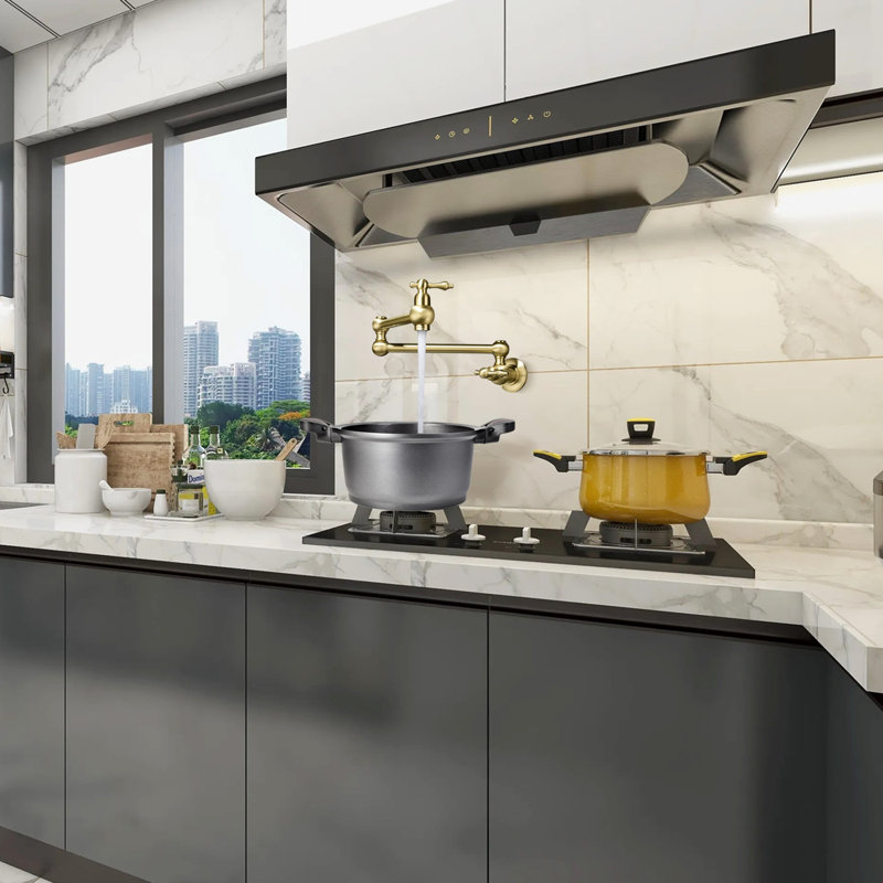 Over Stove Wall Mount Pot Filler,with Stretchable Double Joint Swing Arm, Brushed Gold