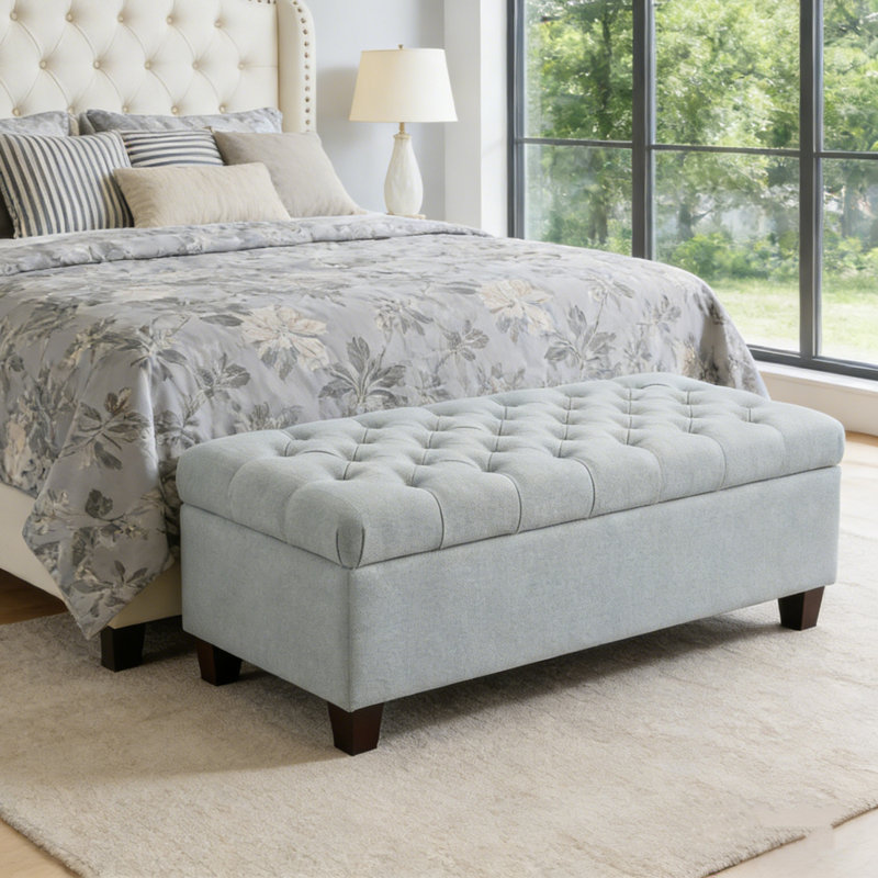 50.25" W Tufted Top Upholstered Storage Bench, Blue Tufted