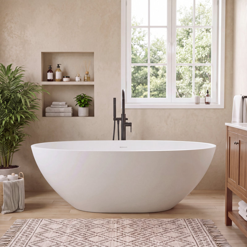 59’’ x 30’’ Matte White Solid Surface Freestanding Bathtub Soaking Tub
