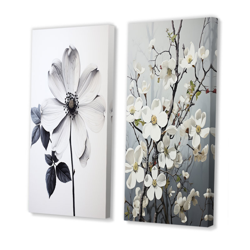 Calmness noir et blanc cornouiller - ensemble d'art mural en toile de cornouiller de 2, H 32 po x l 33 po, Toile tendue