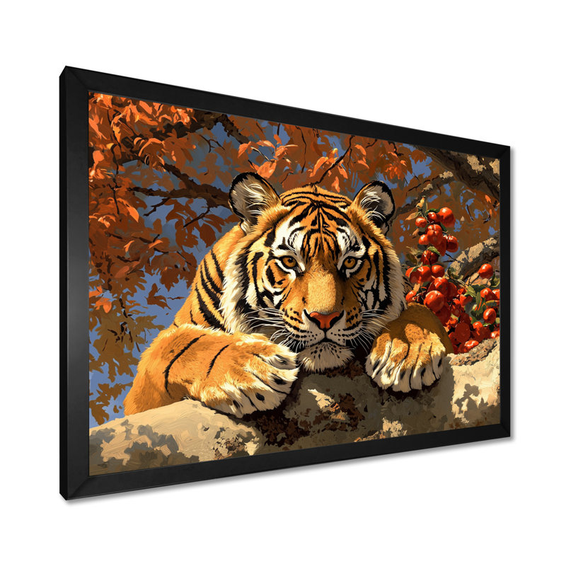 Portrait de tigre au soleil - impression d'art mural tigre, H 12 po x l 20 po, Noir