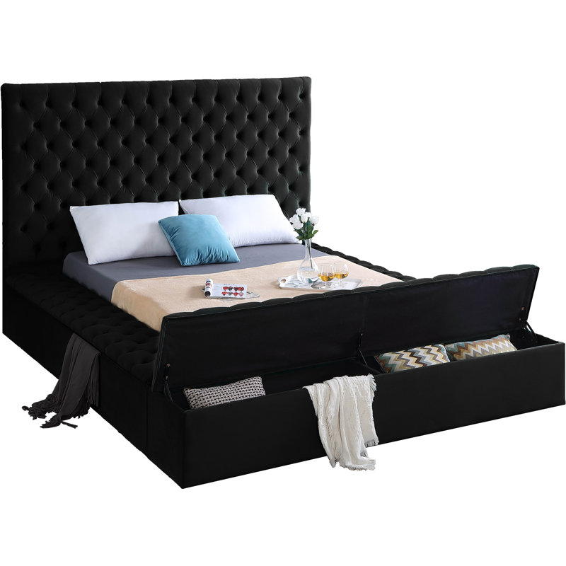Lit plateforme tapissier avec rangement Johnnay, Velours noir, Double