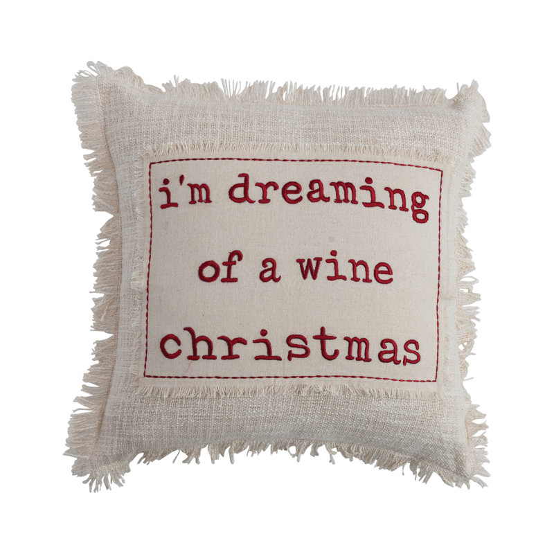 Coussin carré en coton avec appliques, broderies et franges «I'm Dreaming of a Wine Christmas»