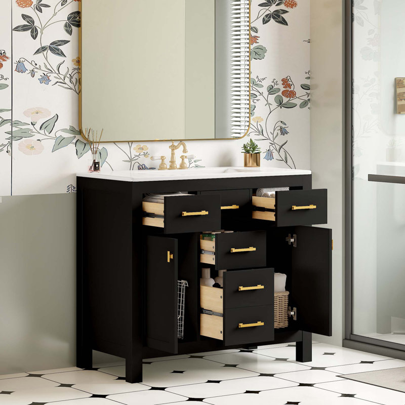Ensemble de meuble-lavabo 36 po avec lavabo en céramique 36 po, armoire de salle de bain simple autoportante moderne à 4 tiroirs et 2 armoires, meuble de rangement pour salle de bain, ensemble de meuble-lavabo à cadre en bois massif