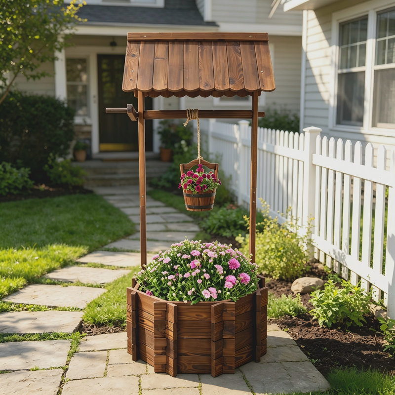 Pot de fleurs en bois à souhait, décoration extérieure rustique avec seau suspendu