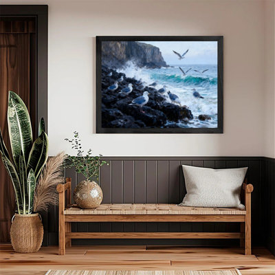 Black Framed Seagull Coastal Cliffs Art, Dynamic Ocean Landscape Framed Prints