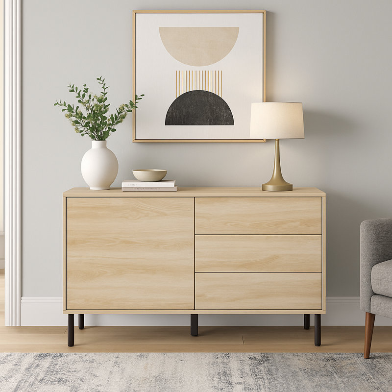 Mid-Century Modern Oak Sideboard Storage Credenza with 3 Drawers and Adjustable Shelf Cabinet