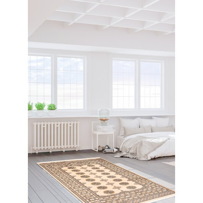 Tapis beige en laine noué à la main de conception unique 4 pi 1 po x 5 pi 10 po