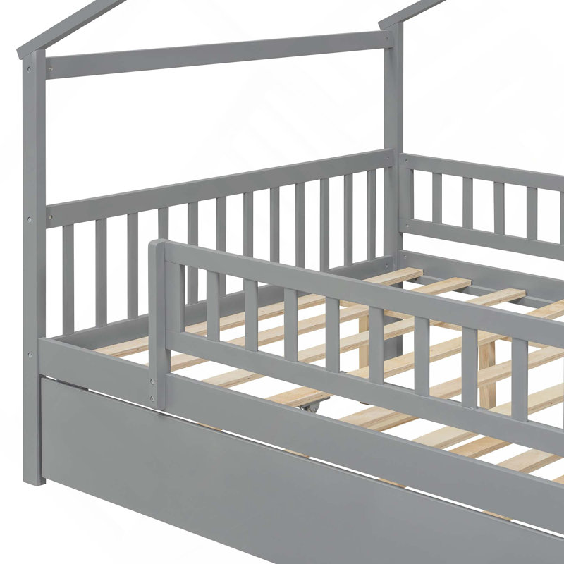Lit en bois avec lit gigogne simple, Gris, Lit double