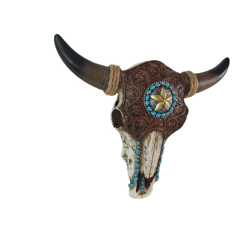 Crâne de taureau en cuir avec incrustation turquoise