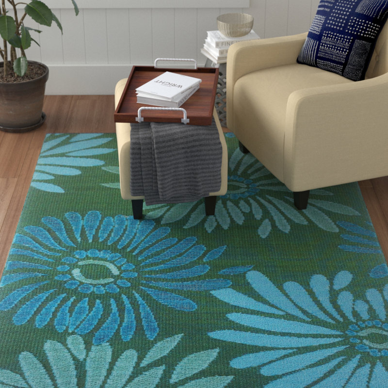 Tapis Dhurrie en coton turquoise et vert à motif floral fabriqué à la main Catskill, Rectangle 6 pi x 9 pi