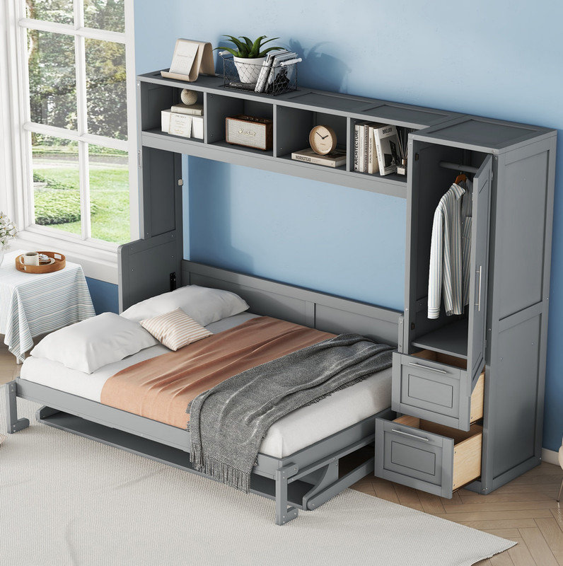 Lit escamotable double pleine grandeur avec placard et tiroirs, gris
