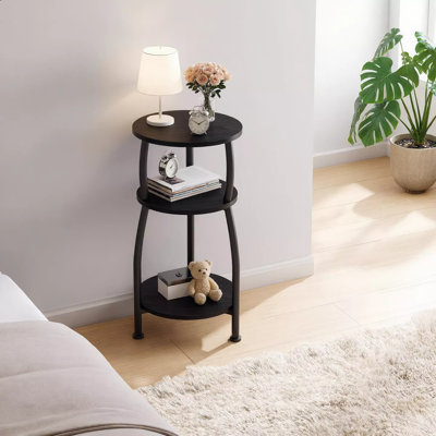 Gray Small Round Side Table With 3-Tier Storage Shelf. Sturdy And Easy To Assemble, This Slim Piece Serves As Sofa Table, Coffee Table And Nightstand, Ideal For Corners In Living Rooms And Bedrooms.