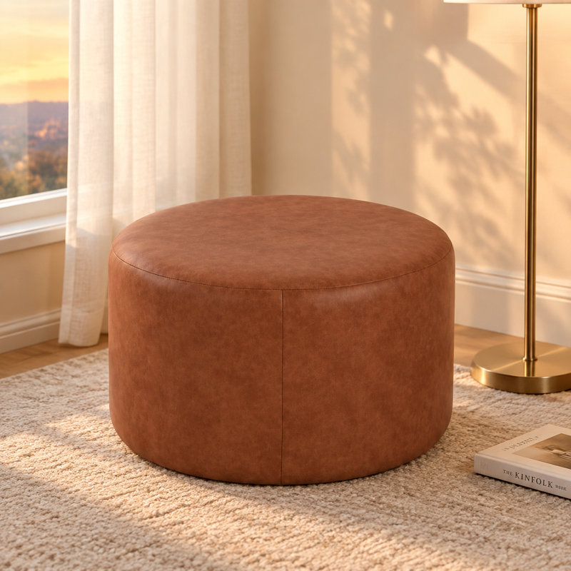 Pouf rembourré rond, cuir PU., Brown