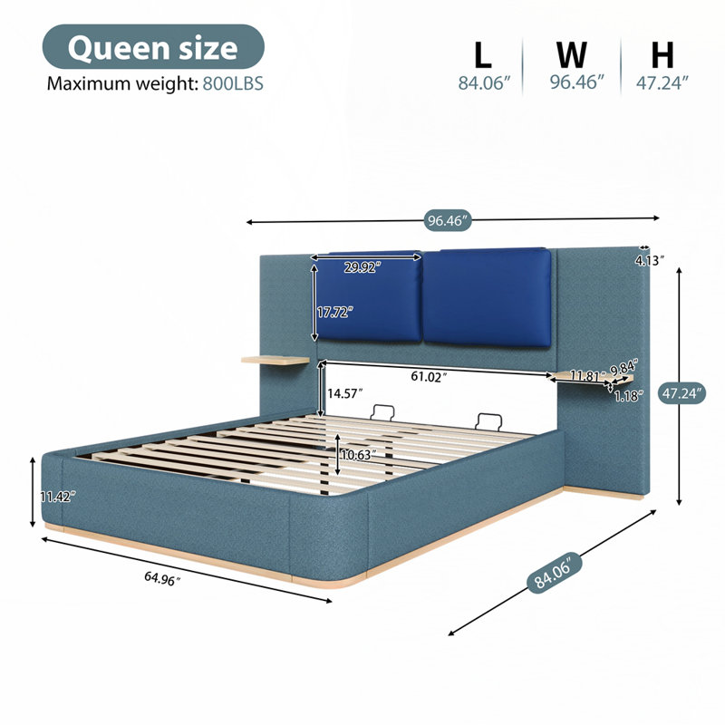 Upholstered Platform Bed With Panel, Blue, Queen