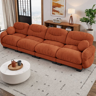 Canapé spacieux en chenille plissée à 4 places, accoudoirs arrondis arrondis, siège ergonomique moelleux en mousse, 2 coussins décoratifs, canapé modulaire pour grand salon et salle familiale