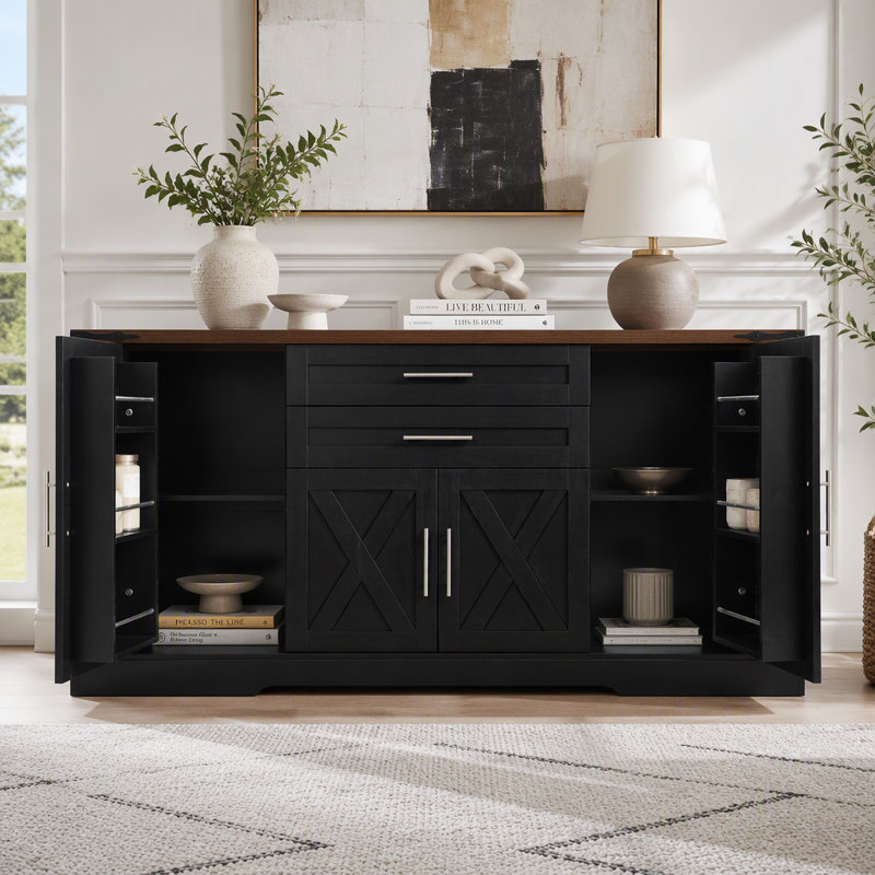 Armoire de rangement 63 "avec porte de grange 63" avec 2 tiroirs et porte, Noir