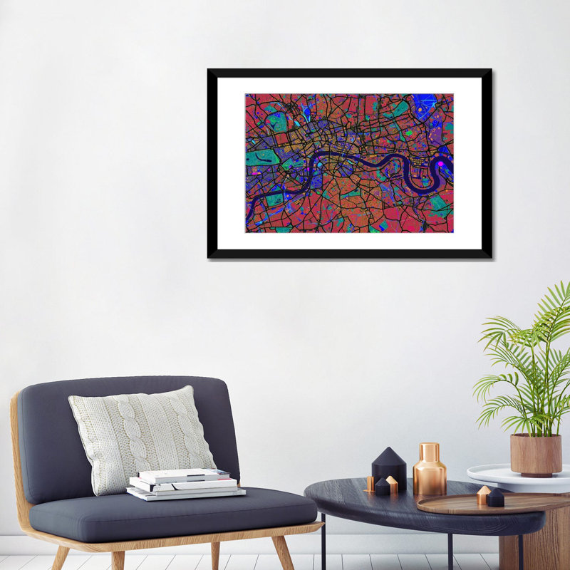 « london map (abstract) v » par michael tompsett, impression sur toile, H 16 po x l 24 po x P 1 po, Papier d'art encadré noir
