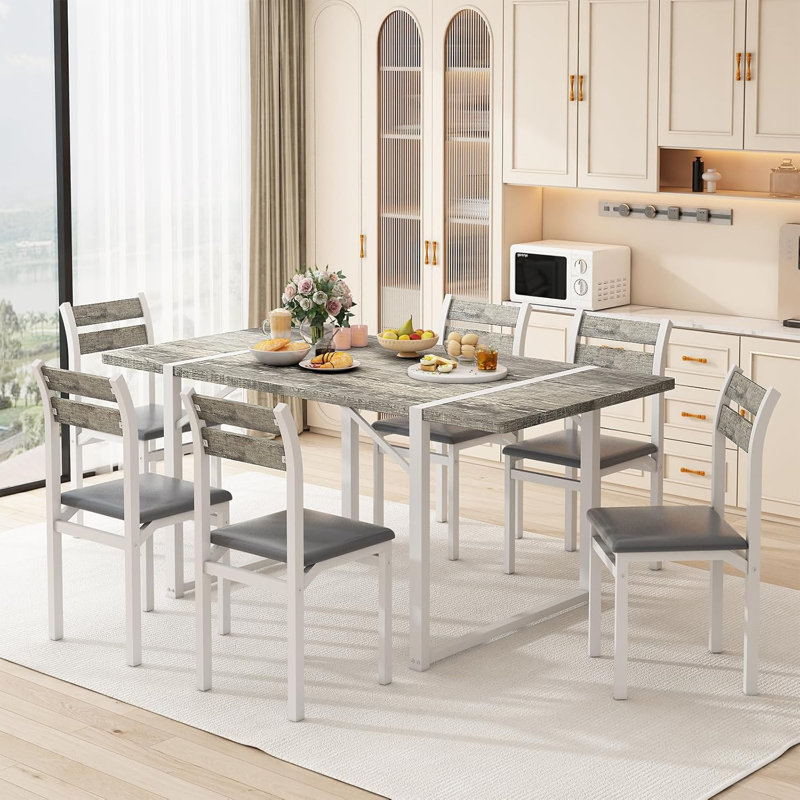 Ensemble de table et chaises de salle à manger de style Mid-Century moderne pour 6, 7 pièces, table de salle à manger avec 6 chaises et table en MDF pour appartement, salle à manger, cuisine, fête de famille