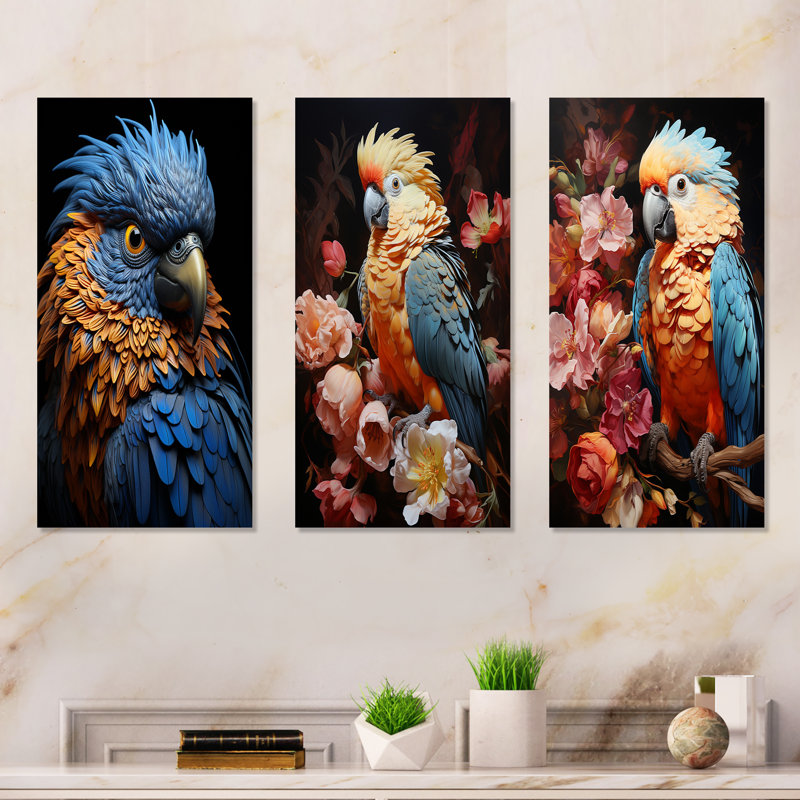 Plumage mystique bleu et jaune - Rhapsodie tropicale - Ensemble de 3 impressions de perroquet, H 28 po x l 36 po