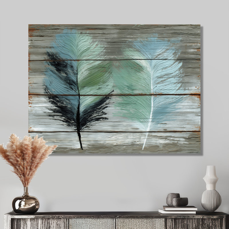 Boho Wood Texture Feather - Boho Feather Framed Canvas Print, Green Boho Wall Art, 12" H x 20" W, Wrapped Canvas