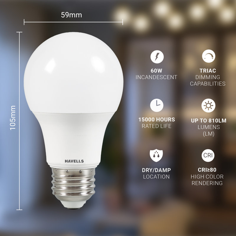 Ampoules DEL A19 à intensité variable Havells Adore, 9 W (équivalent à 60 W), 810 lumens, base E26, économie d'énergie, luminosité instantanée, durée de vie de 15 000 heures, blanc lumière du jour 5000K, paquet de 24