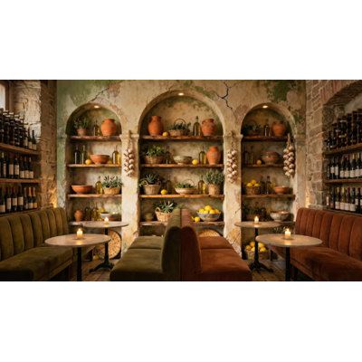 Tuscan Pantry Niche Wall Mural Olive Trees Terracotta Pottery Rustic Mediterranean Still Life Wallpaper for Home Decor
