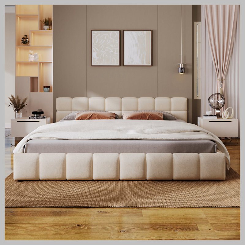 Lit tapissier élégant en chenille beige avec motif damier, grand, beige, Beige, Grand