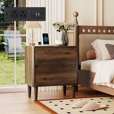 Table de chevet Mid-Century avec station de recharge, 2 tiroirs