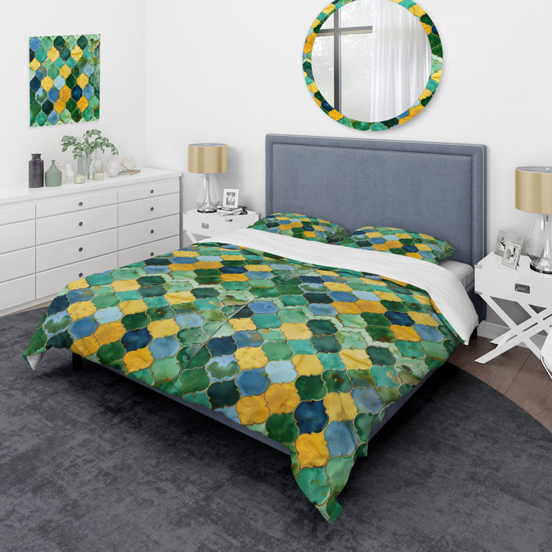 Ensemble de housse de couette mosaïque dorée verte et dorée verte IV, Housse de couette très grand et 2 très grandes t