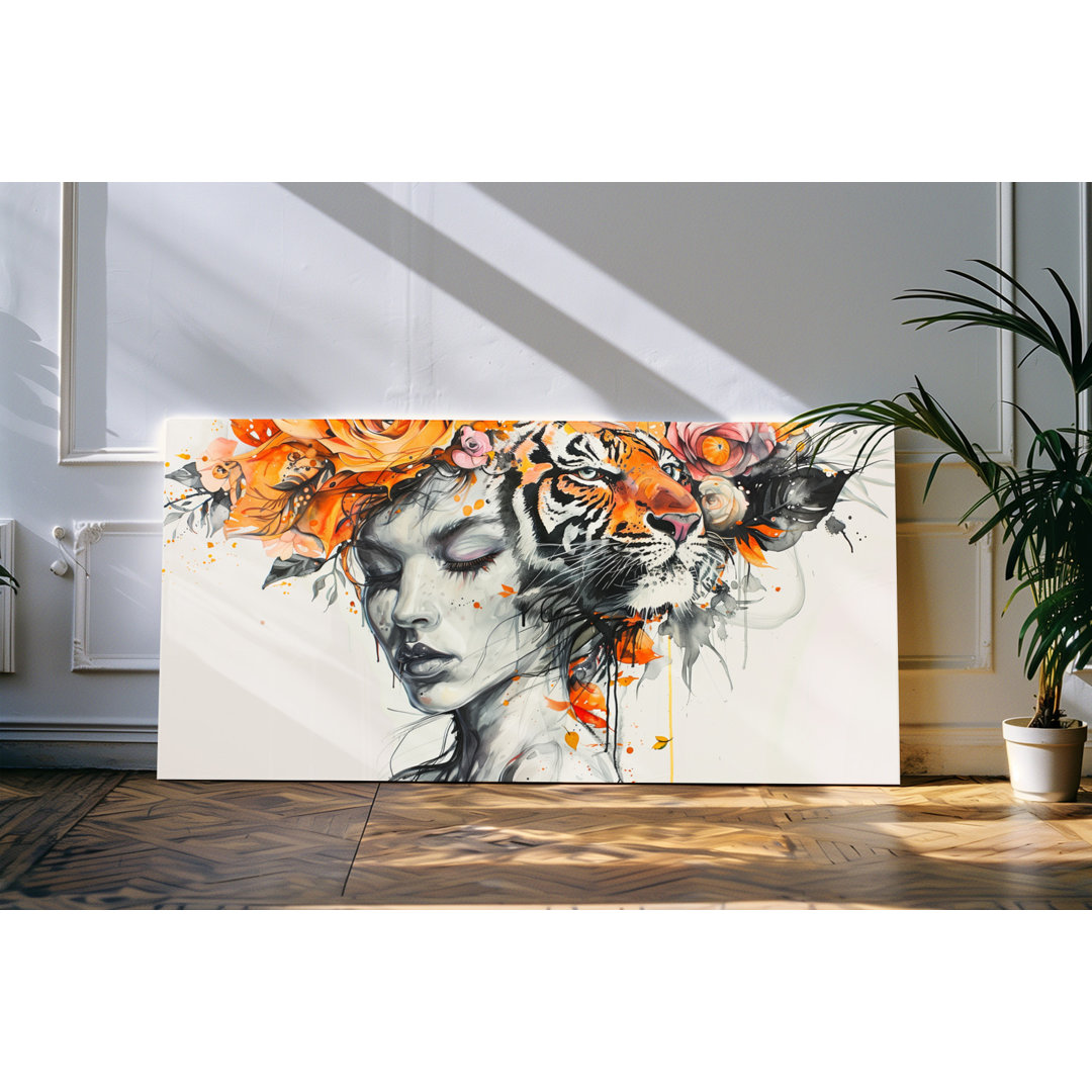 Wandbild 120x60cm Porträt einer jungen Frau Blumen Blüten Kunstwerk Tiger