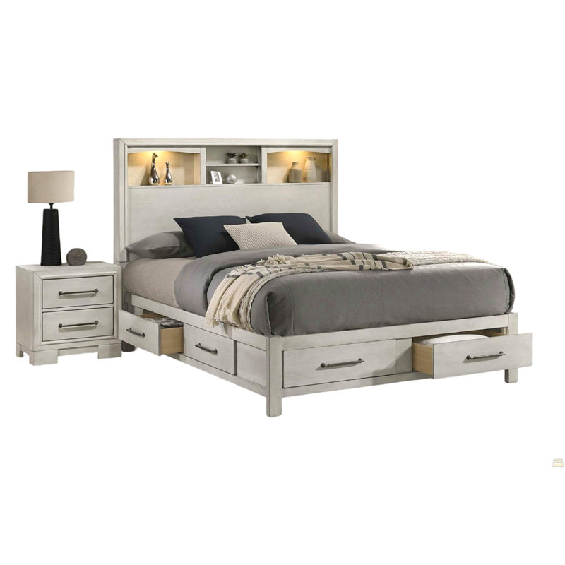 Grand lit 1Pc avec tiroirs coulissants et poignées en métal avec lumières intégrées, Grand lit