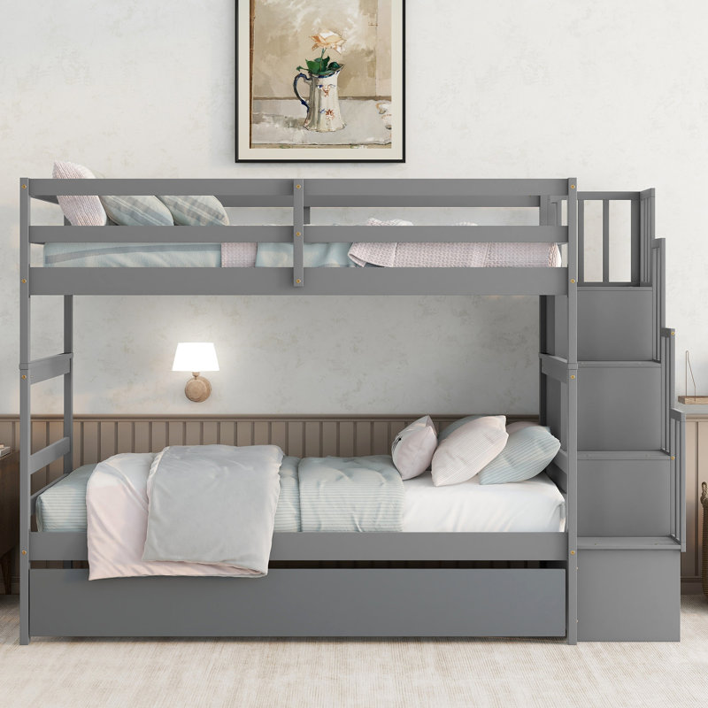 Daft Kids Twin Over Twin Bunk Bed with Trundle, Gray