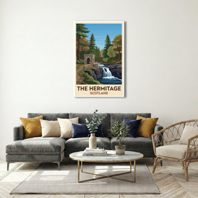 The Hermitage, Scotland - Romantic Woodland Waterfall Travel Poster. Giclee Print On Wrapped Canvas. Wall Art, Home Decor - Parks & Gardens, Scotland - Wrapped Canvas Print
