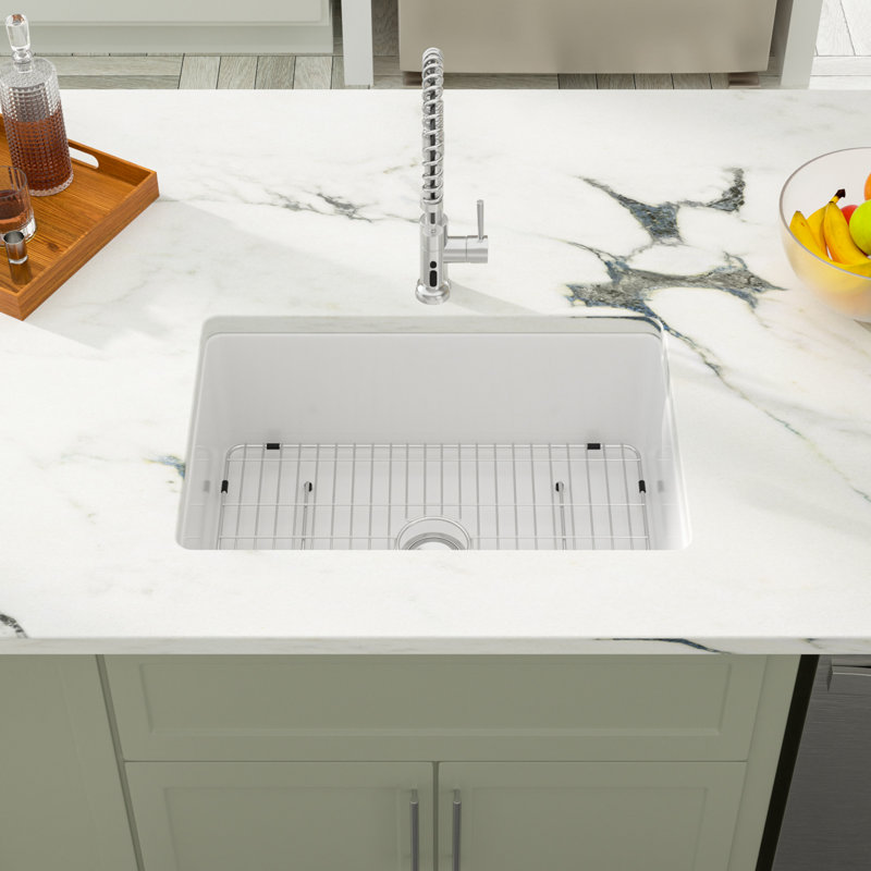 27" L x 19" W White Fireclay Drop-In/Undermount Kitchen Sink with Sink Grid and Basket Strainer