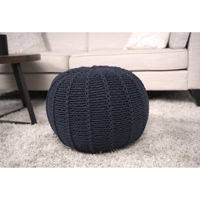 Pouf tricoté rond en coton tricoté bleu foncé - capacité de poids de 200 lb, objet décoratif, nettoyage des taches, perles incluses et support, élément, intérieur