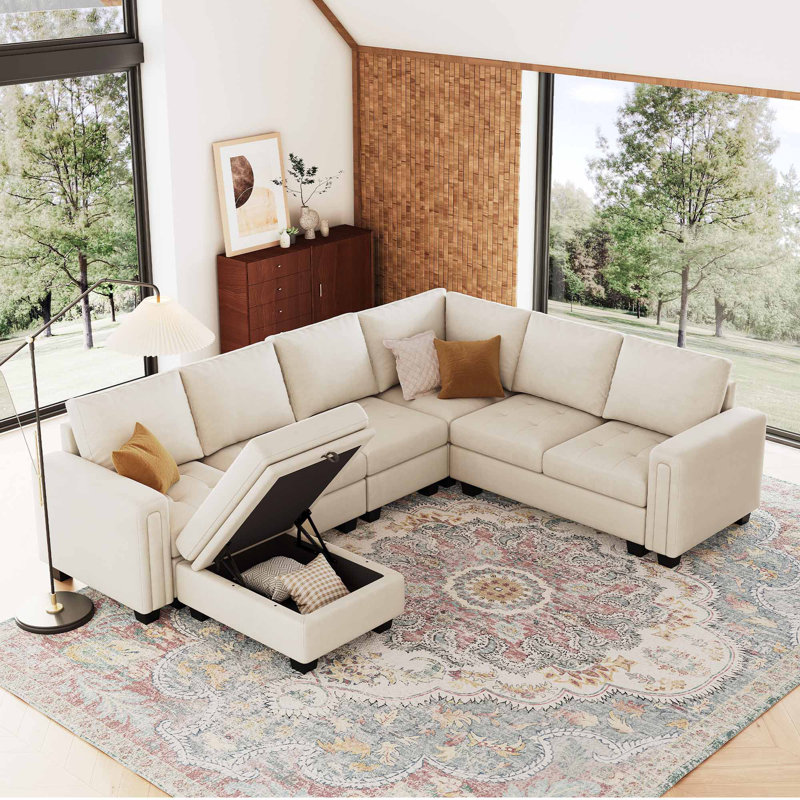 Shavera 6 - Piece Velvet Sectional Sofa L Shaped Modular Couch Living room Corner Sofa with Storage Ottoman, Beige Velvet
