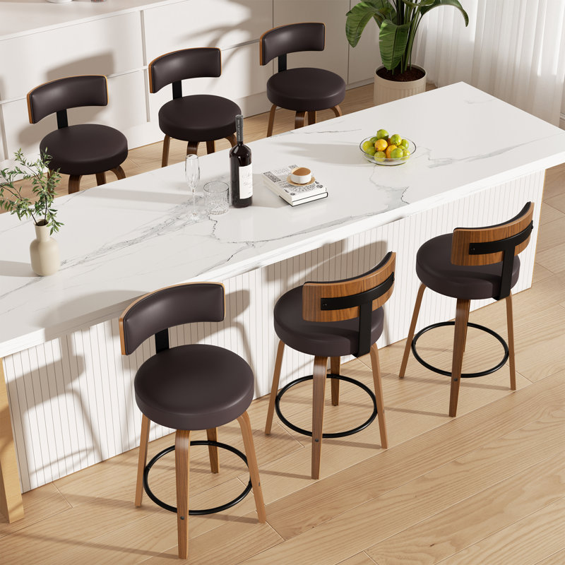 Chic Swivel Leather Upholstered Bar Stool For Ultimate Comfort And Style, Dark Brown, 4