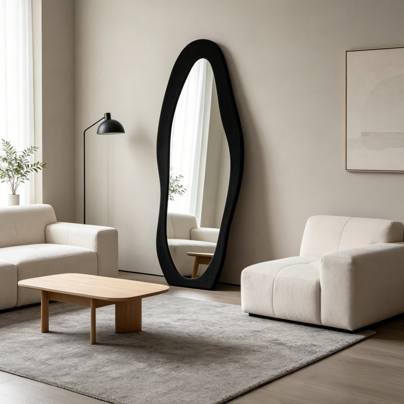 Full Length Mirror,63" x 24" Floor Mirror/ Wall Mirror, Flannel Wrapped Wooden Frame Floor Mirror,Irregular Wavy Mirror Standing/Halling Large Wall Mirror for Bedroom,Living Room, Dressing Room