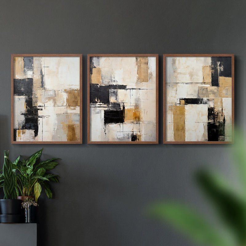Série abstraite Cxxxi - ensemble de 3 estampes numériques encadrées - prêt à être accroché, Cadre noyer, H 20 po x l 16 po