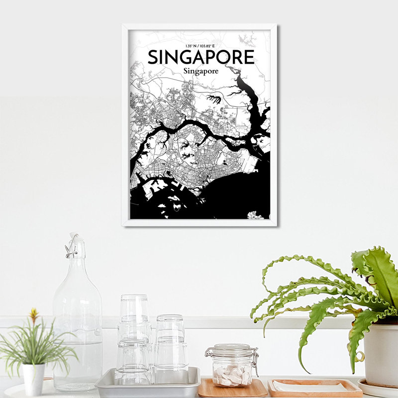 Carte de la ville de Singapour, impression, H 24 po x l 18 po, Noir / blanc