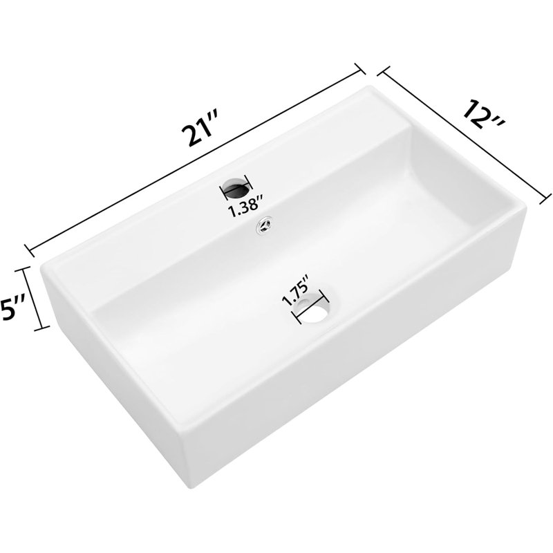 Lavabo de salle de bain mural moderne en céramique rectangulaire avec finition ultrabrillante et trou de trop-plein
