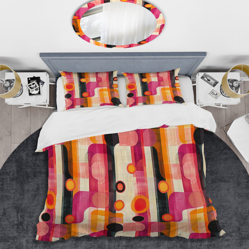 Ensemble de housse de couette à motif géométrique rétro rose et orange, Housse de couette très grand + 2 taies décorativ