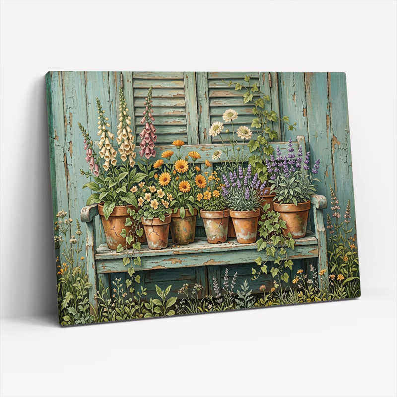 Ensemble de 1 tableau sur toile représentant un banc à motifs floraux, 28"H x 40"W, Toile tendue
