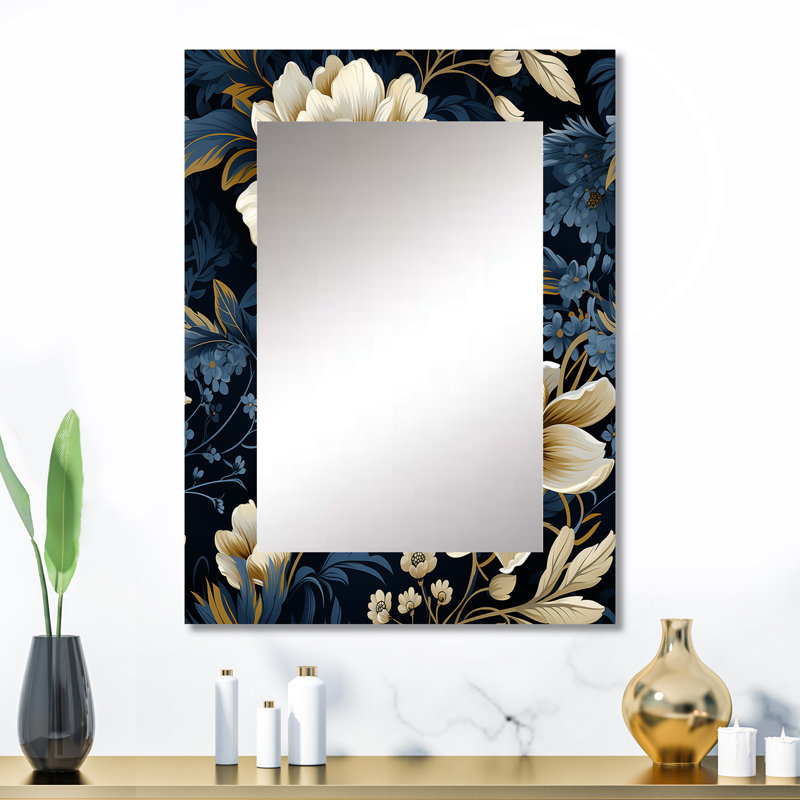 Amero Blue pivoines Regal damassé opulence - miroir décoratif floral, miroir mural de chalet, impression d'art en métal