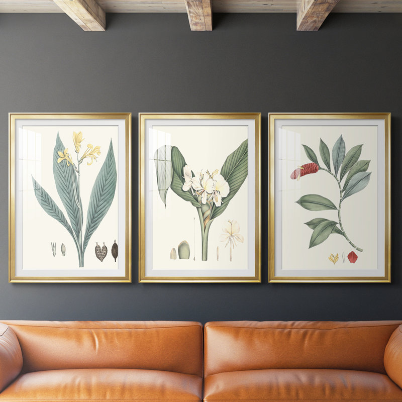 Soft Tropical IV - reproduction encadrée sur mesure de qualité supérieure mate - 3 pièces, H 21 po x l 30 po, Doré