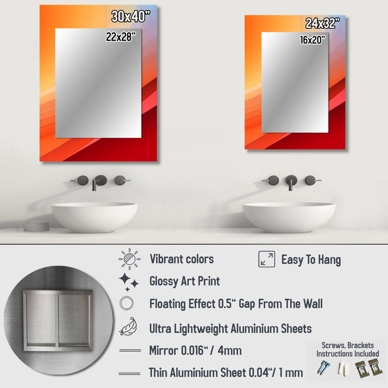 Orange Spectral Slice - miroir décoratif de formes abstraites, miroir mural orange, impression d'art en métal, 32 po x 24 po